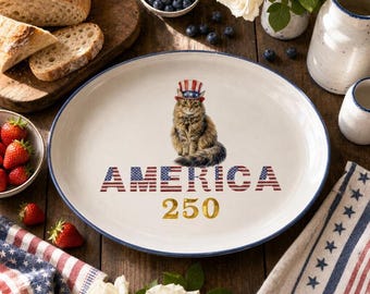 Patriotic Cat Servicing Platter, American Flag Design, USA 250th Anniversary, Oven Safe Dish, Dishwasher Safe Platter, Gift for Cat Lovers