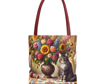 I Love Cats & Flowers Tote Bag | Cat Floral Illustration, All-Over Print