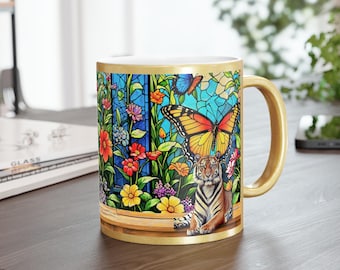 Tiger Majesty Stained Glass Garden Metallic Mug | Floral Window Scene