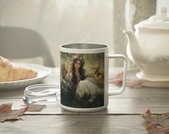 Whimsical Forest and Muse  Mug | Tiger, Deer, Floral 10oz Insulated Coffee Mug