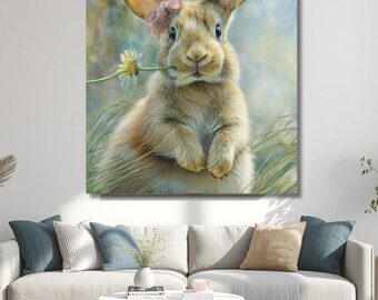 Whimsical Bunny Canvas Wall Art – Soft Pastel Nursery Decor | Woodland Animal Print | Romantic Cottagecore Wall Wrap