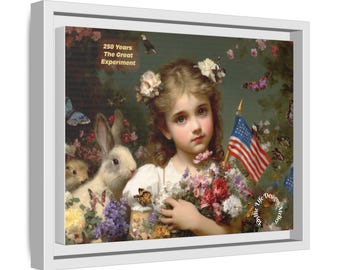 Victorian Girl Patriotic Floral Painting – Semiquincentennial Celebratory Art (Framed Canvas)