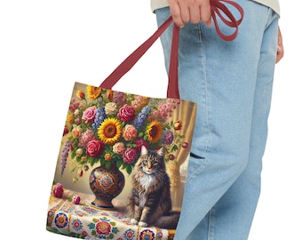 I Love Cats & Flowers Tote Bag | Cat Floral Illustration, All-Over Print