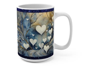 Whimsical Heart Tree Mug | Blue Gold Forest Hearts 15oz