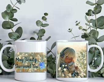 May Beauty Surround You Child and Cat Mug | Ceramic 11oz 15oz