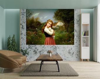 Victorian Girl with Kitten Fine Art Poster | Vintage Cottage Garden Print