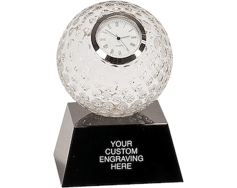 Clear Crystal Golf Ball Clock - Custom Engraved Golf Gift - Elegant Desk Decor - Personalized Trophy - Golfer Appreciation Gift