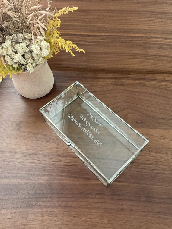 Custom Engraved Hinged Glass Box, Elegant Storage for Jewelry, Collectibles, Personalized Gift with Metal Frame & Beveled Glass,Keepsake Box