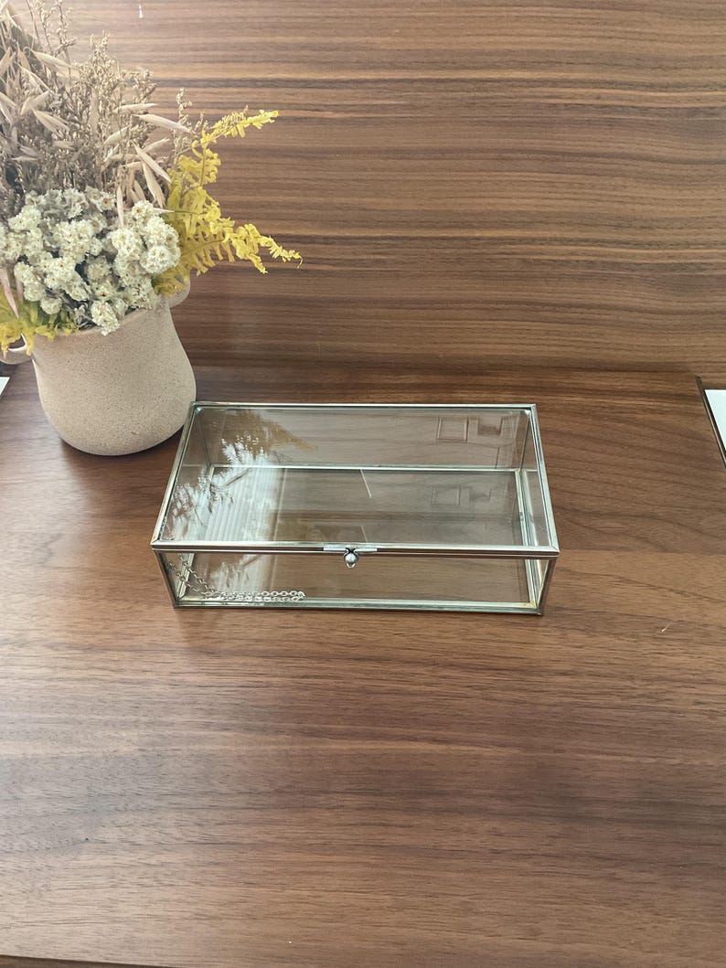 May include: A clear glass display box with a silver metal frame and a hinged lid. The box is sitting on a wooden surface.