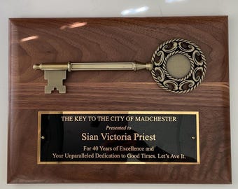 Key to the City Plaque - Custom Engraved Key Award - Recognition & Achievement Gift - Elegant Office and Desk Decor