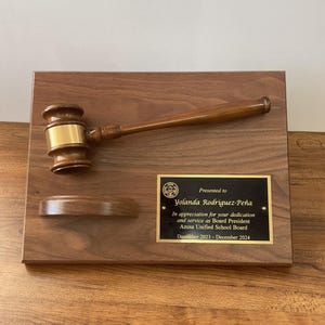Walnut Gavel Plaque with Custom Engraving - Executive Gift for Judge, Lawyer, or Legal Professional, Personalized Recognition Award