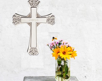 Personalized Silver Cross with Custom Name, Decorative Religious Gift, Perfect for Baptism, Wedding, Memorial Keepsake, Christian Decor