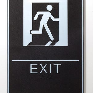 ADA Compliant Exit Sign with Braille – Tactile Safety Sign – High Contrast Black or Blue – Office, Business, Public Space – Easy Mount
