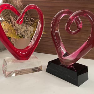 Red Heart Glass Award, Custom Engraved Crystal Trophy, Achievement, Elegant Personalized Gift, Art Glass Awards, Pink Heart Glass Award