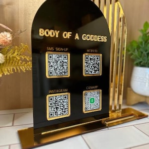 QR-bedrijfsbord met 4 codes, bord voor kleine bedrijven betaling, Instagram-bord, sleuf voor visitekaartjes, zwart-gouden logo, bord sociale media, QR-code