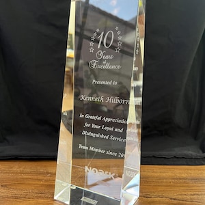 Personalized Rectangular Tower Optic Crystal Award | Custom Engraved Plaque for Employee Appreciation, Recognition, or Retirement
