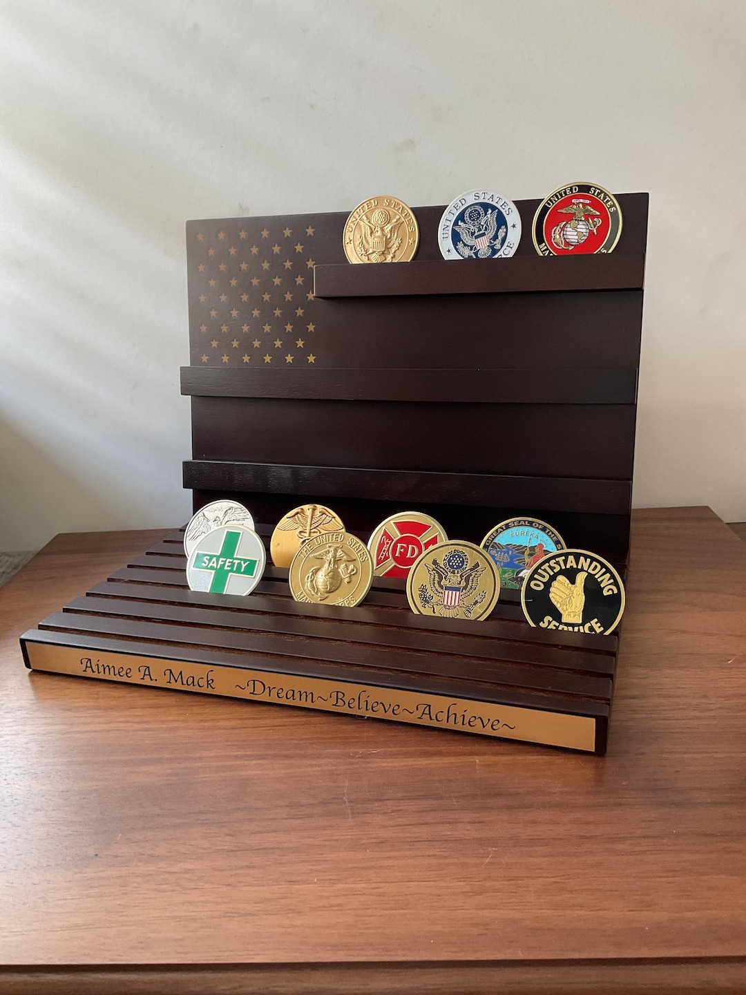 Customized Coin Rack Challenge Coin Display Stand – Wooden Military Coin Holder Rack for 80 ...