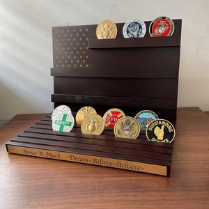 Challenge Coin Display Stand – Wooden Military Coin Holder Rack for 80 Coins, Custom Engraved, Veteran Gift, Collector’s Display Shelf
