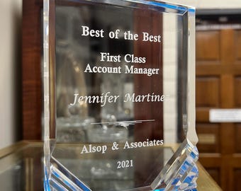 Personalized Blue Jewel Mirage Acrylic Award | Custom Trophy for Church, Retirement, Graduation, or Appreciation Gift | Custom Plaque