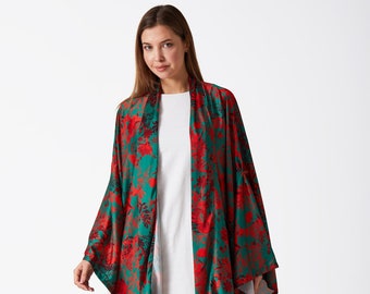 Floral Patterned Oversize Kimono - Green Kimono - Red Kimono