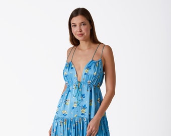 Blue Dress - Summer Dress - Silk Satin Dress - Floral Patterned Dress