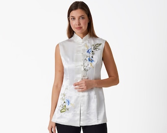 Japanese Style Women Blouse - Embroidered Blouse - White - Blue - Green