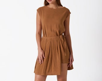 Linen Mini Dress - Organic Fabric Dress - Women Dress - Brown Dress