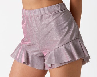 Ruffle Shorts - Pink Shorts - Glitter Fabric Short - Pink Shorts