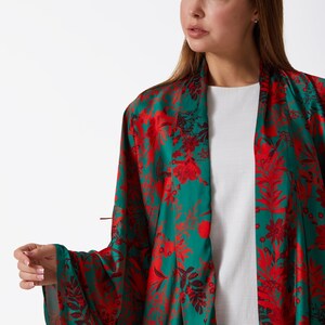 Floral Patterned Oversize Kimono Green Kimono Red Kimono zdjęcie 6