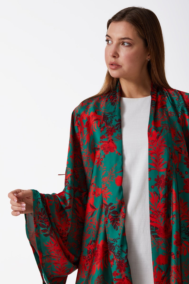 Floral Patterned Oversize Kimono Green Kimono Red Kimono zdjęcie 6