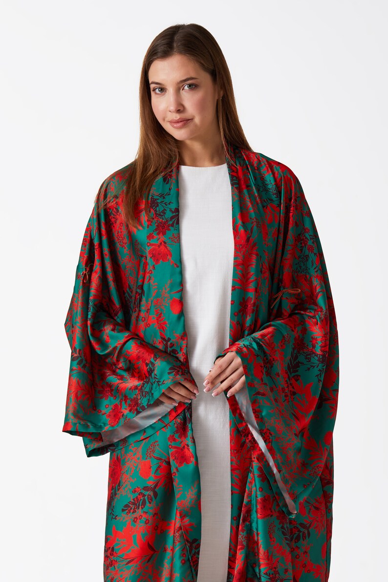 Floral Patterned Oversize Kimono Green Kimono Red Kimono zdjęcie 2