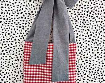 red gingham tote, Fabric Tote Bag with bow, gingham  tote, bible bag, book bag, reusable shopping bag, market tote