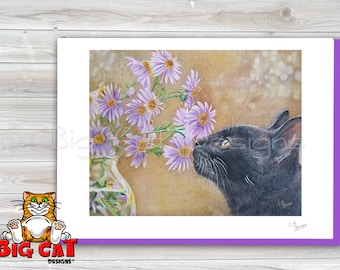 Cat Greeting Card STOP to SMELL the FLOWERS- Black Cat 5x7 size card. Handmade note card signed by the artist- blank inside