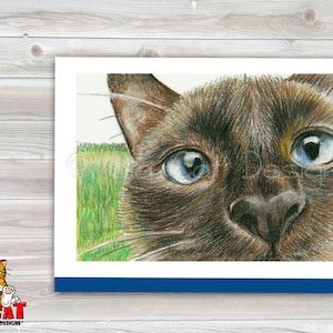 CAT CARD. Whatcha Doing? Closeup Siamese Cat. 5x7 size. Handmade note card signed by the artist- blank inside