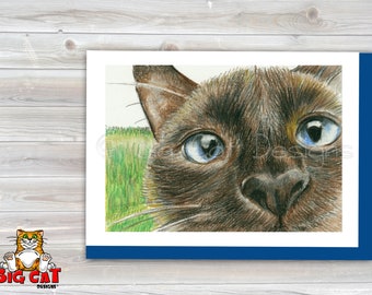 CAT CARD. Whatcha Doing? Closeup Siamese Cat. 5x7 size. Handmade note card signed by the artist- blank inside