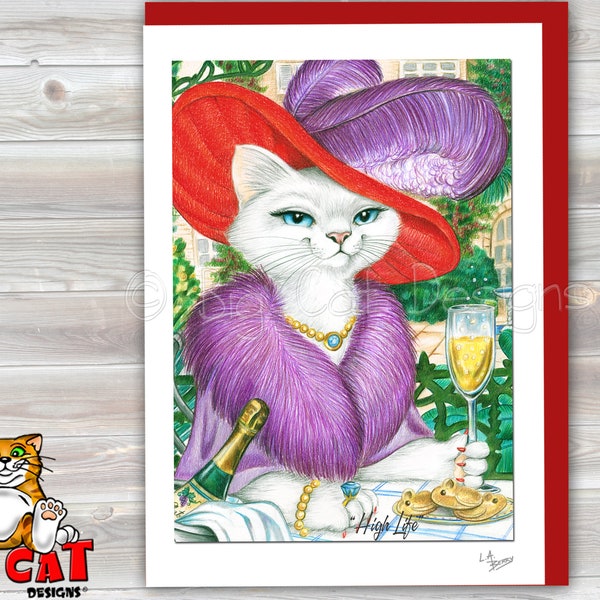 Cat Greeting Card  RED HAT CAT - 5x7 size. Handmade note card signed by the artist- blank inside