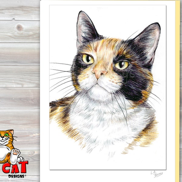 Cat Greeting Card  CALICO CAT - Cat Portrait- 5x7 size. Handmade note card signed by the artist- blank inside