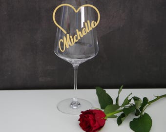 Segnaposto personalizzato • Ciondolo a forma di cuore per calice da vino con nome • Segnaposto per compleanno, matrimonio, battesimo • Ciondolo in vetro bianco e oro fatto a mano