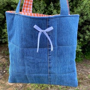 Upcycled Denim - puffy tote bag - fully lined with straps