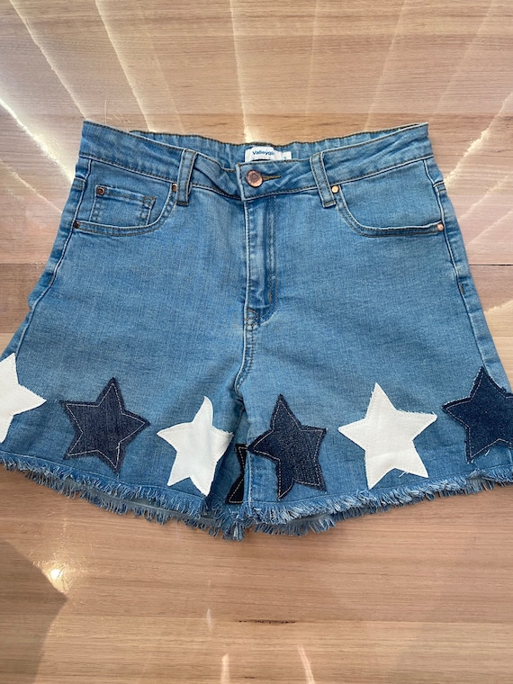 Patchwork Denim Shorts With Bows and Stars From Scrap Etsy UK