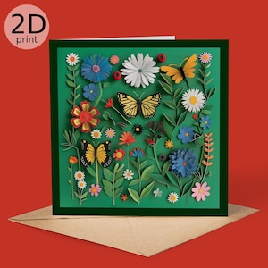 Carte d'impression 2D fleurs et papillons, voeux botaniques, joyeux anniversaire, amoureux de la nature, remerciements floraux, marguerite de l'amitié, félicitations