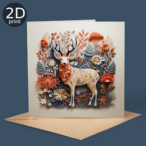 Cartão botânico de veado vermelho, saudação floral 2D do Reino Unido, feliz aniversário de outono, amantes da natureza, obrigado, amizade, romântico, amor, parabéns