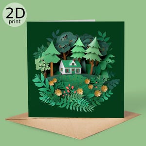 Paysage de chalet dans la forêt, voeux de campagne 2D, joyeux anniversaire dans la nature, amoureux du plein air, chalet dans les bois Merci, félicitations