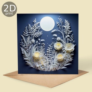 Tarjeta impresa en 2D con motivos florales a la luz de la luna, saludos para el Reino Unido, feliz cumpleaños, amantes de la naturaleza, gracias, amistad, romántico, amor, felicitaciones