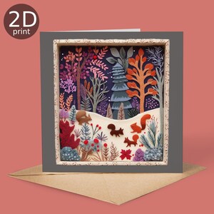 Scoiattoli innevati nella foresta delle fiabe, biglietto con scatola delle ombre con stampa 2D, auguri magici, Natale, amanti della natura, buon compleanno, regalo di alberi incantati