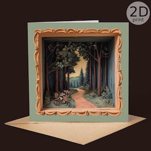 Tarjeta de felicitación de sendero forestal / Escena de bosque 2D estilo Shadowbox / Tarjeta única / Tarjeta con paisaje arbóreo tranquilo / Regalo de senderismo para amantes de la naturaleza