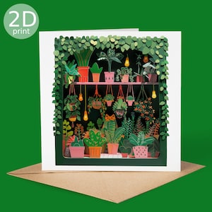 Cartão impresso 2D com planta botânica e gato, saudação, feliz aniversário, amantes da natureza, obrigado, amizade, romântico, amor, parabéns
