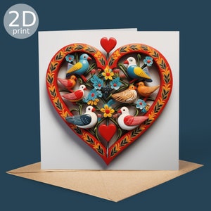 Carte folklorique coeur d'oiseau d'amour, impression 2D, Saint-Valentin, Amoureux de la nature, Anniversaire, Merci, Amitié, Romantique, Amour, Félicitations, Mariage