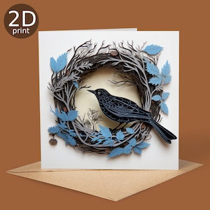 Carte de voeux 2D Merle, cadeau floral forêt, pour oiseau amoureux de la nature, cadeau d'anniversaire forêt botanique floral plante, félicitations