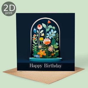 Cartão de feliz aniversário com flores em uma redoma de vidro 2D, cartão impresso, saudação no Reino Unido, obrigado, amizade, amor, primavera, botânico, amantes da natureza